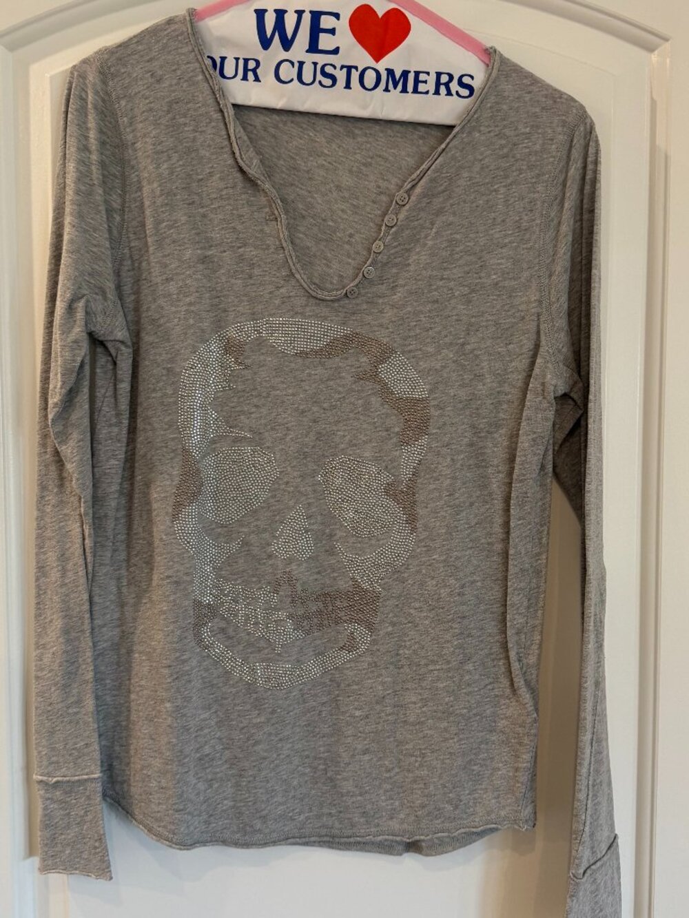 Zadig & Voltaire Grey Rhinestone Camo Skull Henley Top - Size Small